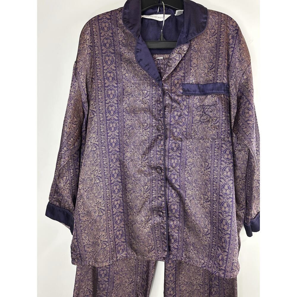 Victoria's Secret Satin-Like Pajama Set Purple Gold Paisley Button Shirt Pants S - Picture 7 of 16